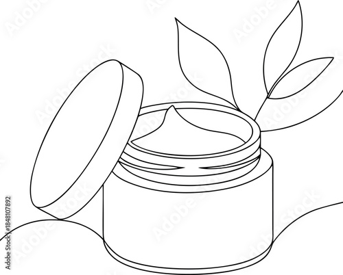 Minimalist continuous line drawing of an open cosmetic cream jar with natural leaves perfect for beauty and skincare concepts