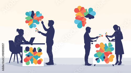 collaborative brainstorming sessions involving colorful abstract thought bubbles and team