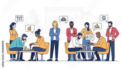 Collaborative Chess Game Session in Modern Office with Engaged Strategists