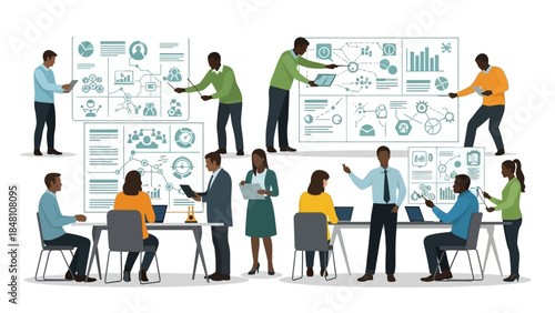 collaborative business meeting and data analysis with team members discussing strategies