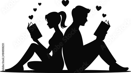 Couple reading books back to back with hearts silhouette