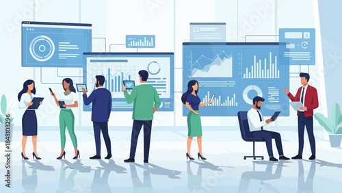 collaborative business team analyzing data and discussing strategies in a modern office environment