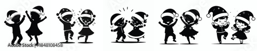 vector silhouette of little boy and little girl dancing happily on christmas