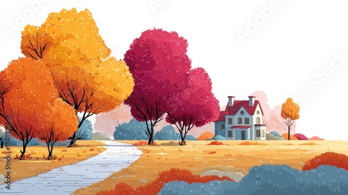 Autumn trees landscape scenic road house peaceful countryside sunlight rural travel scenery serene morning