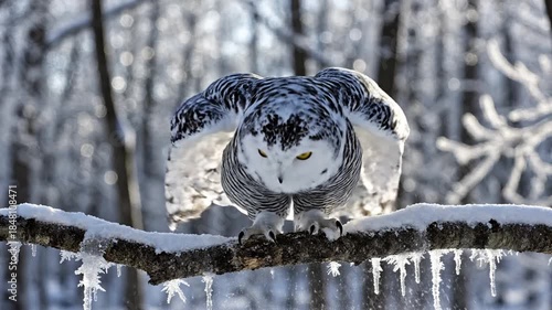 Frozen Snow-Covered Tree Branch with Icicles in a Winter Forest Scene