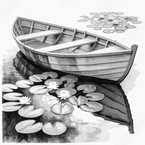 Boat floating on calm water with wooden reflection