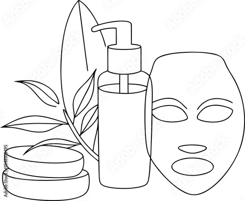 Minimalist line art illustration showcasing a natural organic skincare collection with a pump bottle rejuvenating face mask and herbal soap bars for a holistic spa beauty routine