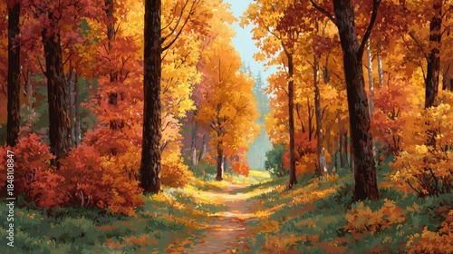 Autumn forest path landscape with fall foliage trees sunlight seasonal natural nature scenery
