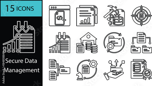 A comprehensive set of line icons illustrating various aspects of data management, analytics, and security