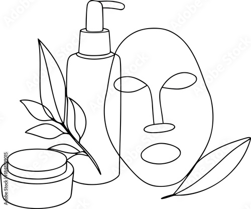 Minimalist natural skincare product illustration with botanical leaf elements and abstract continuous line art face drawing