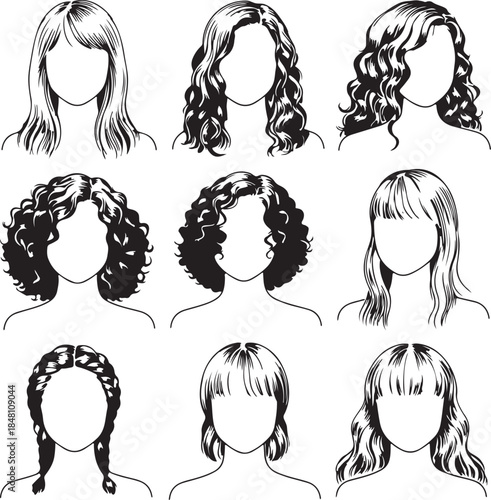 Stylish woman face with black hair vector fashion illustration