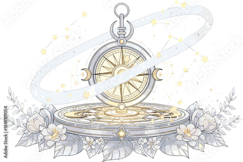 Celestial fantasy compass illustration with astrological symbols cosmic rings floral ornament mystical navigation concept gold line art isolated on white