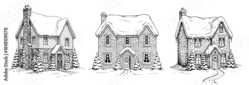 Snowy Houses set in Vintage Illustration in Black and White