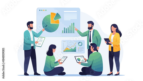 collaborative data analysis session with team presenting visual charts and graphs using digital