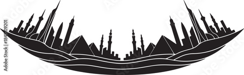 futuristic cityscape skyline reflecting in water with ancient egyptian pyramids and modern towers