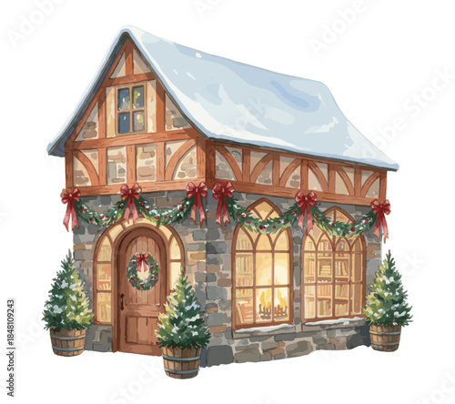  Illustration of a cozy, half-timbered house decorated for Christmas
