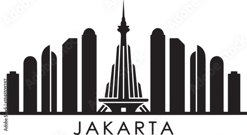 Jakarta skyline silhouette vector illustration featuring iconic city landmarks and buildings