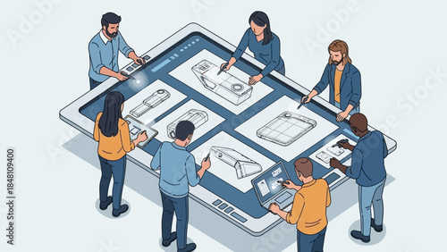 collaborative digital design workshop with diverse team working on tablets and interactive screens