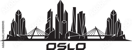 Oslo skyline with crystalline buildings and suspension bridges on grey background vector