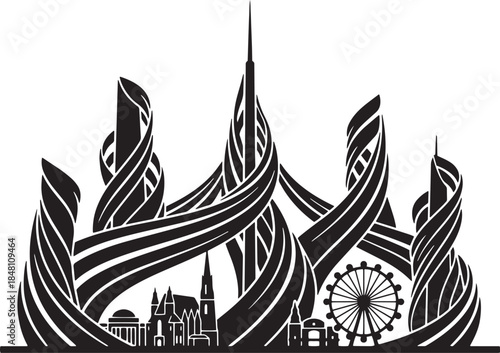 Swirling futuristic skyscrapers and city landmarks with Ferris wheel vector art