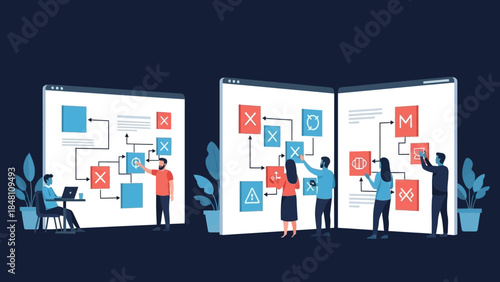 Collaborative digital workflow with interactive screens and diverse team members engaging in