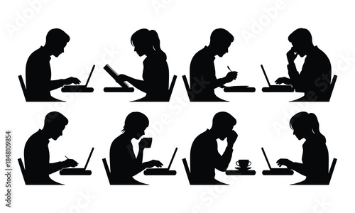 Office Work Silhouette Set of People Using Computers