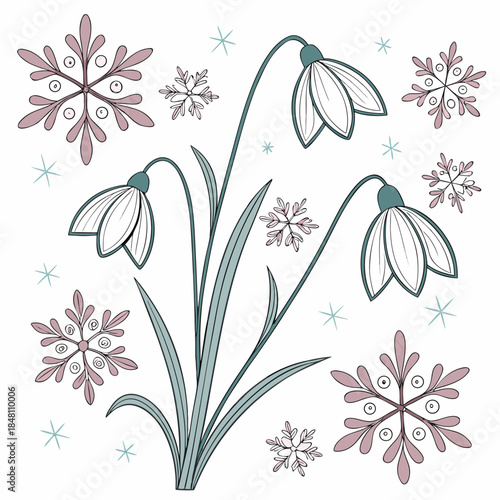 Snowdrops and snowflakes in pastel colors flowers winter
