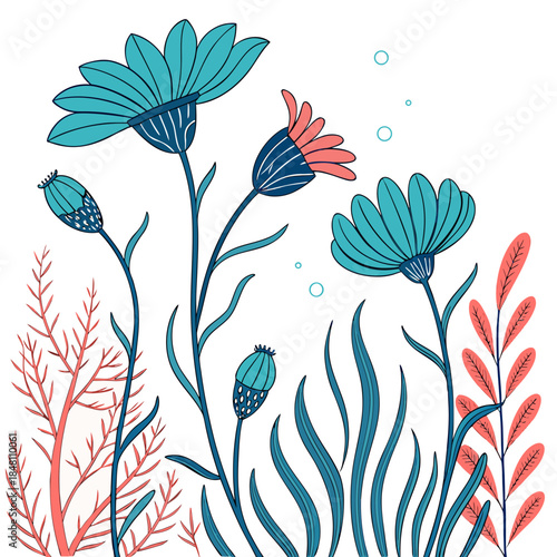 Ocean inspired blooms flowers depicted in sea inspired colors