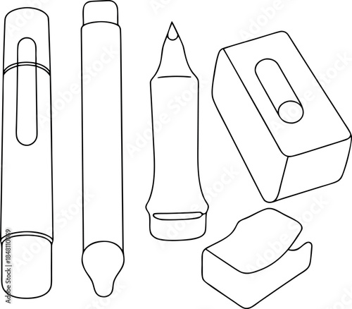 Vector line drawing illustration of soldering iron parts and workshop tools set in outline style for technical design