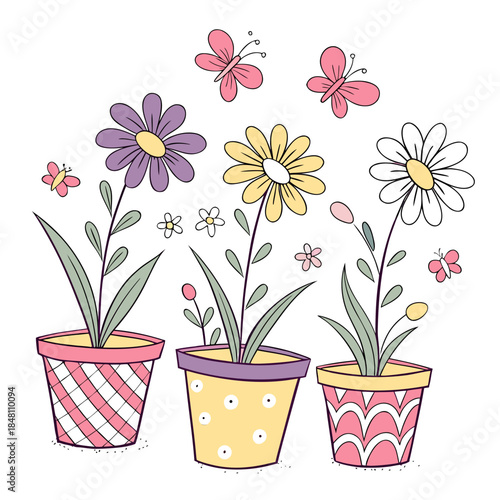 Colorful flowerpots with butterflies and flowers garden