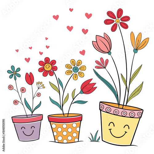 Colorful flowerpots with smiling faces and hearts flowers