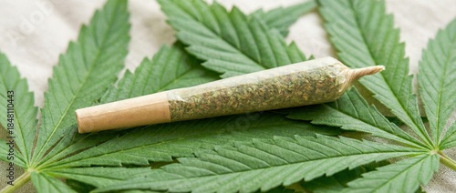 Pre-rolled cannabis joint on green cannabis leaves with natural texture and filter tip