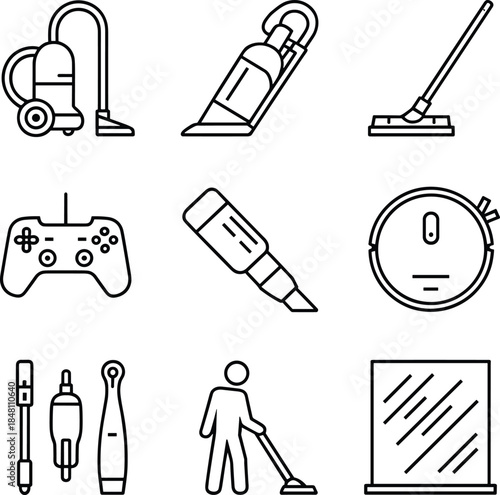 Cleaning appliance and tool icons with vacuum cleaner vector illustration