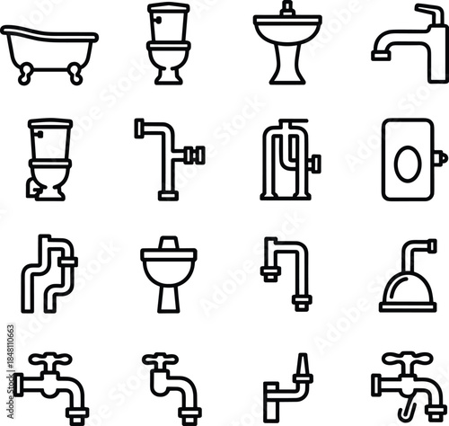 Bathroom plumbing fixtures and pipe fittings icons vector illustration