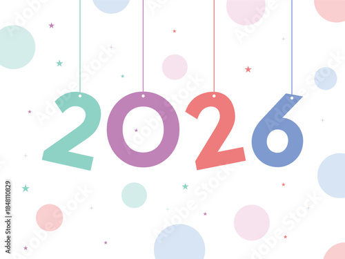 Playful hanging 2026 numerals in soft pastel colors with floating festive dots, creating a joyful and modern New Year celebration design for holiday graphics