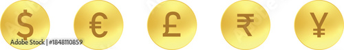 Luxurious shiny golden currency symbols icon set illustrating global finance, international money exchange, wealth, and modern economic concepts