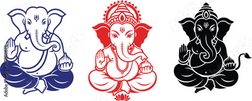 Ganesha Vector Set – Hindu God of Wisdom in Blue, Red & Black for Logos, Design & Spiritual Art