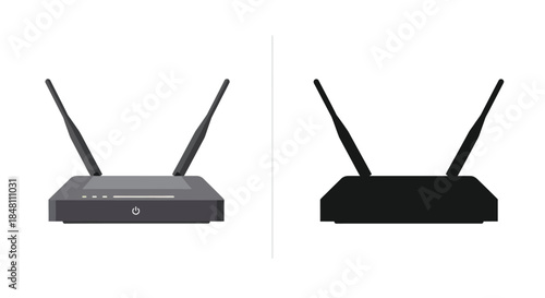 Illustration of a wireless router in color and silhouette views