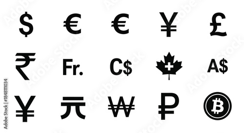 Collection of various international currency symbols displayed in black and white