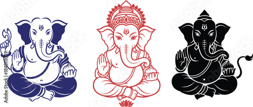 Ganesha Vector Set – Hindu God of Wisdom in Blue, Red & Black for Logos, Design & Spiritual Art
