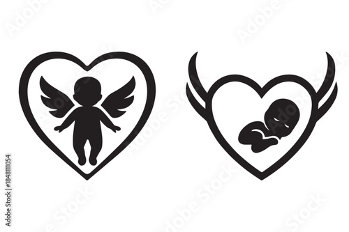 Stylized hearts featuring an adorable winged baby angel and a precious fetus silhouette