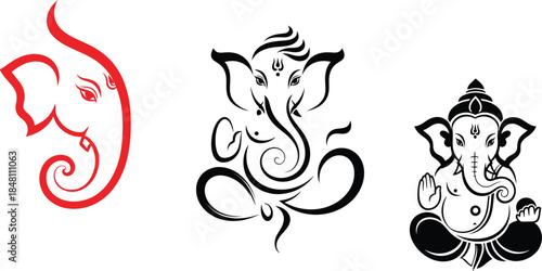 Ganesha Symbol Set – Abstract & Stylized Hindu God Icons in Red, Black & White for Logos, Design & Spiritual Art
