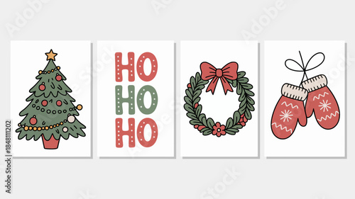 Christmas Icons Set: Tree, Ho Ho Ho, Wreath, and Mittens