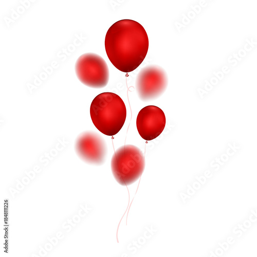 Bundle of glossy red balloons with depth of field effect isolated on white background