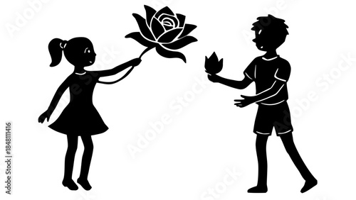 Silhouette of Girl with Glowing Magic Rose, Boy in Background, Romantic Fantasy Vector