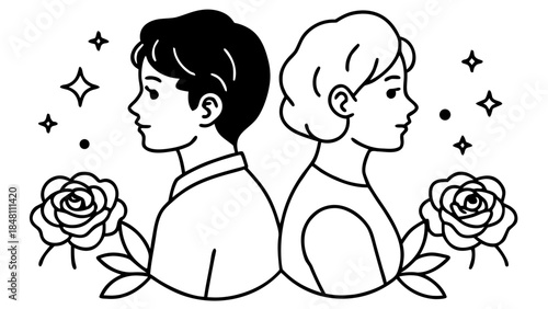 Profile Silhouettes of Boy and Girl Back to Back, Elegant Contrast, Vector Illustration