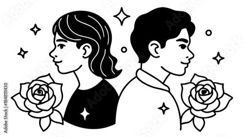 Boy and Girl Profile Silhouettes Back to Back, Elegant Contrast, Vector Art