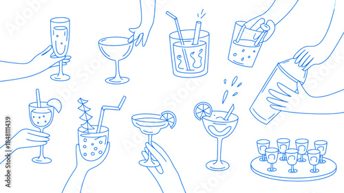 Hand-drawn illustration of various cocktail glasses and hands holding drinks