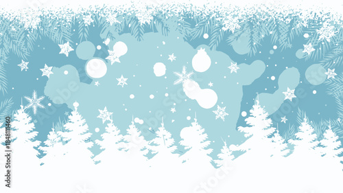 Snowy Winter Wonderland Scene with Pine Trees and Snowflakes