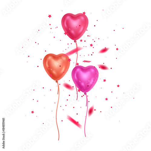 Three realistic heart-shaped balloons with confetti and stars isolated on white background for Valentine's Day